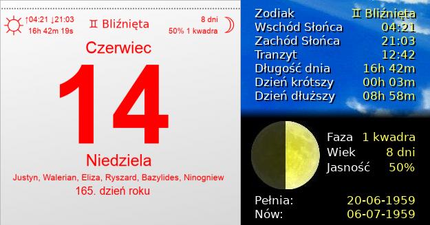 14 Czerwca 1959 - Niedziela. Kartka z Kalendarza