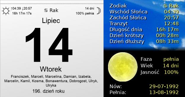 14 Lipca 1992 - Wtorek. Kartka z Kalendarza