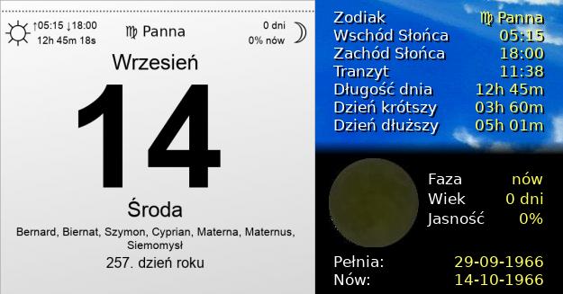 14 Września 1966 - Środa. Kartka z Kalendarza