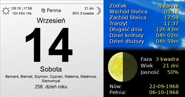 14 Września 1968 - Sobota. Kartka z Kalendarza