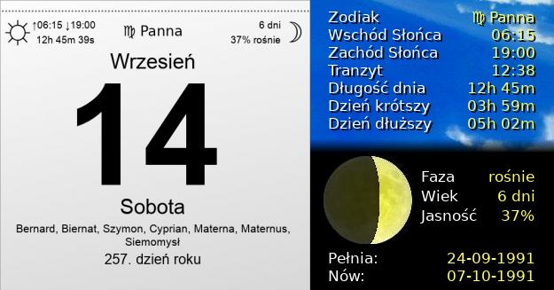 14 Września 1991 - Sobota. Kartka z Kalendarza