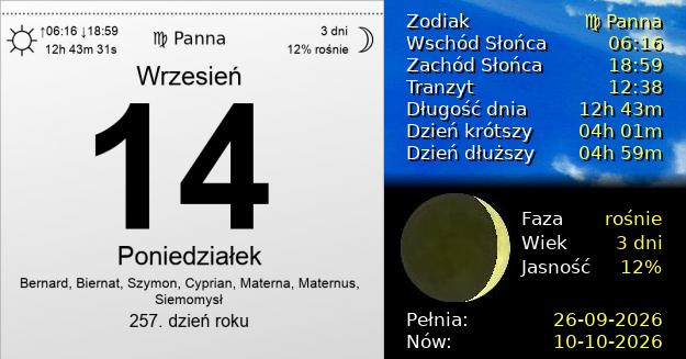 14 Września 2026 - Poniedziałek. Kartka z Kalendarza