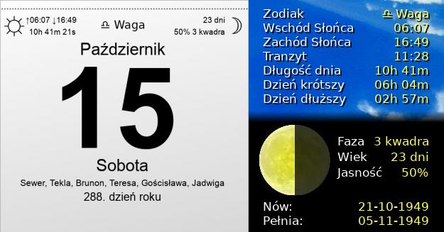15 Października 1949 - Sobota. Kartka z Kalendarza