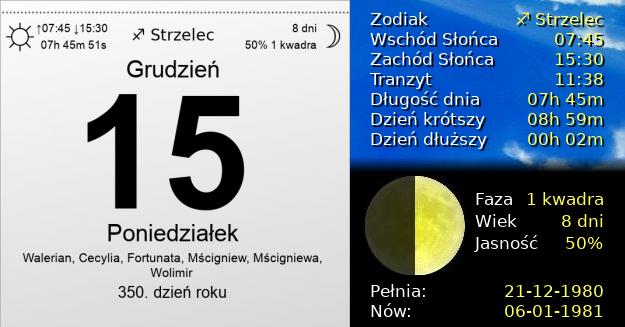 15 Grudnia 1980 - Poniedziałek. Kartka z Kalendarza