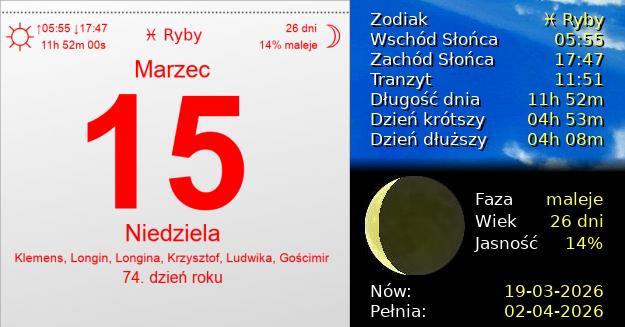 15 Marca 2026 - Niedziela. Kartka z Kalendarza