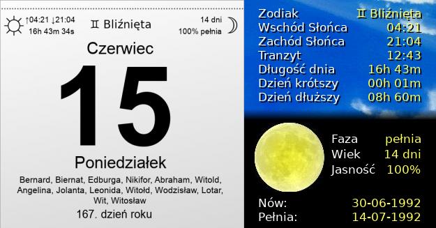 15 Czerwca 1992 - Poniedziałek. Kartka z Kalendarza