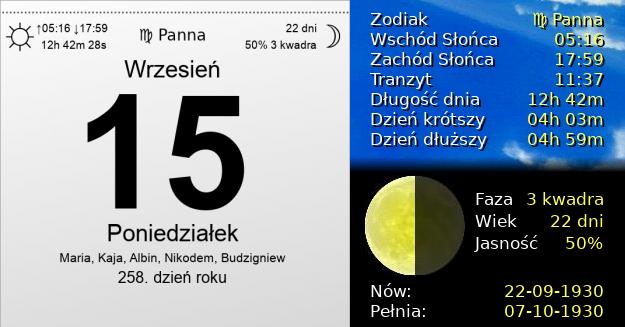 15 Września 1930 - Poniedziałek. Kartka z Kalendarza