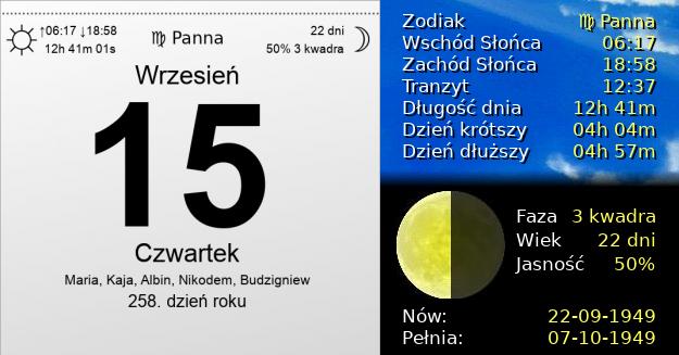 15 Września 1949 - Czwartek. Kartka z Kalendarza