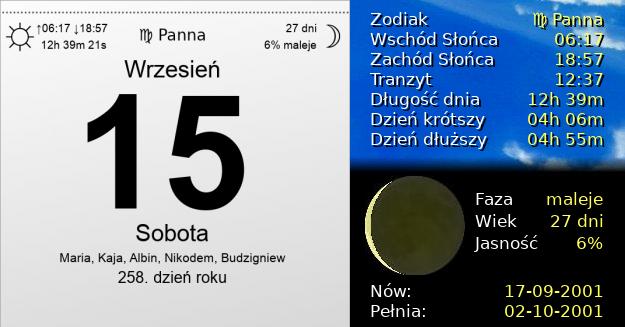 15 Września 2001 - Sobota. Kartka z Kalendarza