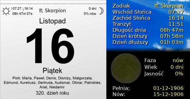 16 Listopada 1906 - Piątek. Kartka z Kalendarza