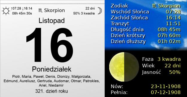 16 Listopada 1908 - Poniedziałek. Kartka z Kalendarza