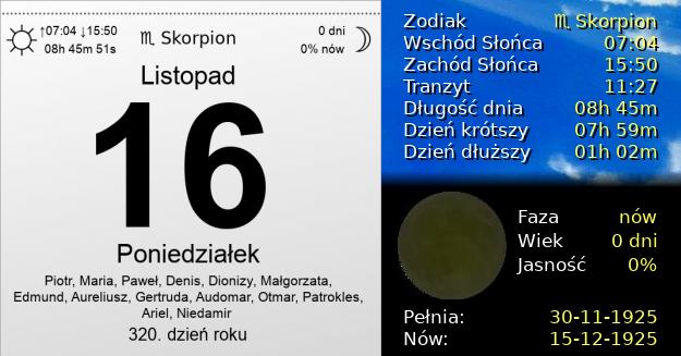 16 Listopada 1925 - Poniedziałek. Kartka z Kalendarza