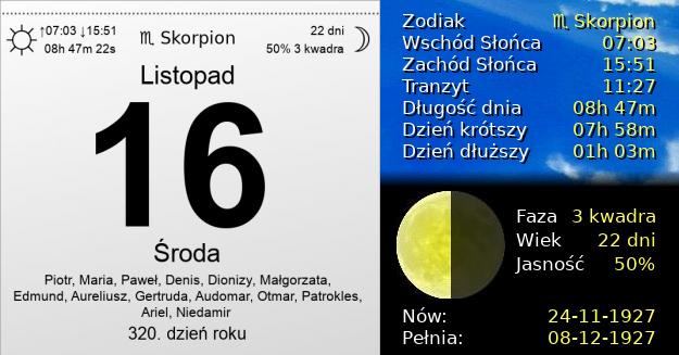 16 Listopada 1927 - Środa. Kartka z Kalendarza