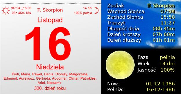 16 Listopada 1986 - Niedziela. Kartka z Kalendarza
