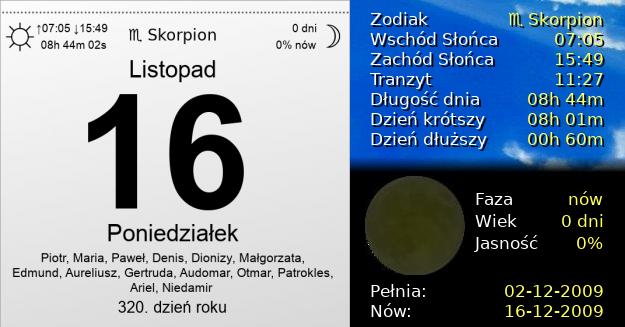 16 Listopada 2009 - Poniedziałek. Kartka z Kalendarza