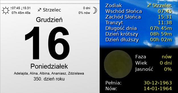 16 Grudnia 1963 - Poniedziałek. Kartka z Kalendarza