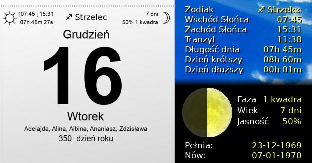 16 Grudnia 1969 - Wtorek. Kartka z Kalendarza