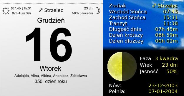 16 Grudnia 2003 - Wtorek. Kartka z Kalendarza