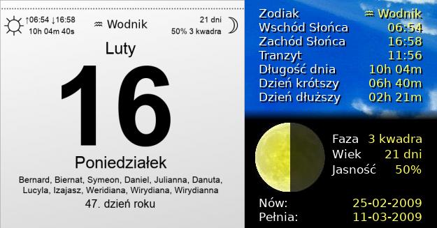 16 Lutego 2009 - Poniedziałek. Kartka z Kalendarza