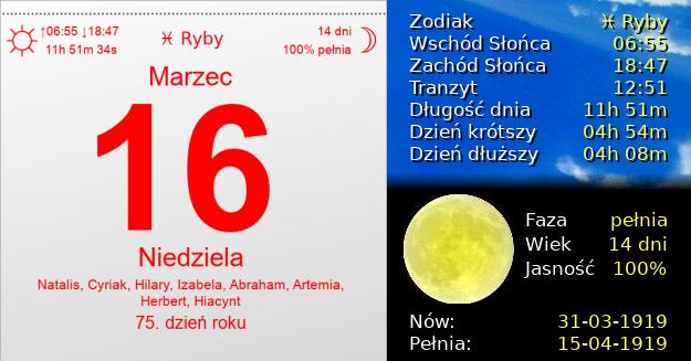 16 Marca 1919 - Niedziela. Kartka z Kalendarza