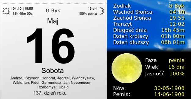 16 Maja 1908 - Sobota. Kartka z Kalendarza