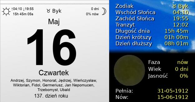 16 Maja 1912 - Czwartek. Kartka z Kalendarza