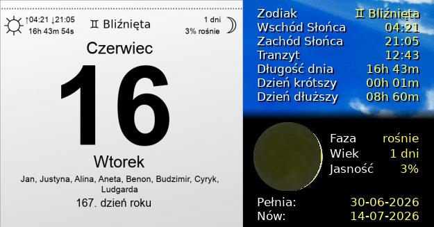16 Czerwca 2026 - Wtorek. Kartka z Kalendarza