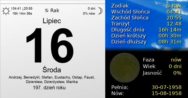 16 Lipca 1958 - Środa. Kartka z Kalendarza