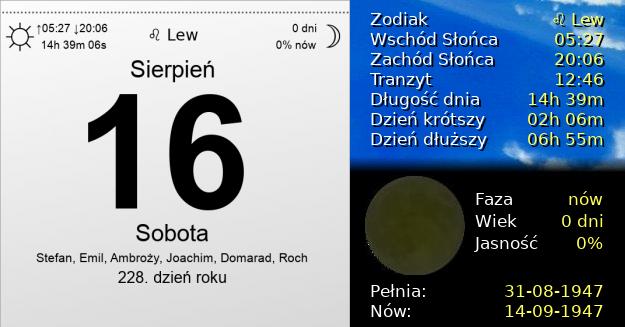 16 Sierpnia 1947 - Sobota. Kartka z Kalendarza