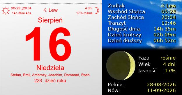 16 Sierpnia 2026 - Niedziela. Kartka z Kalendarza