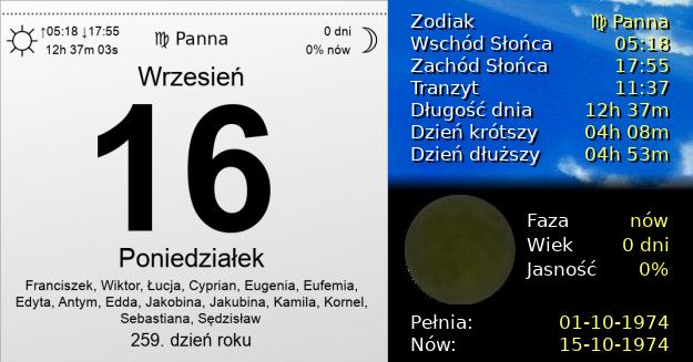 16 Września 1974 - Poniedziałek. Kartka z Kalendarza