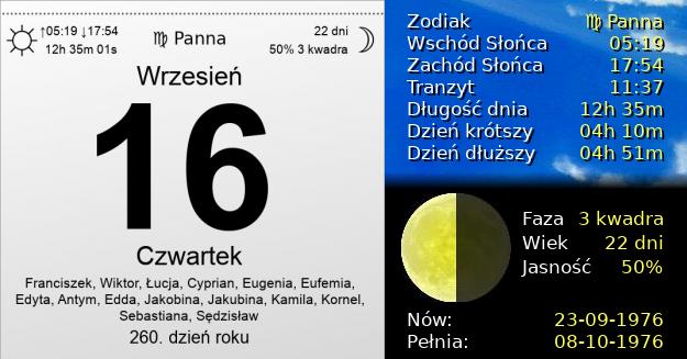 16 Września 1976 - Czwartek. Kartka z Kalendarza