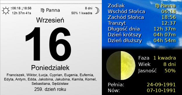 16 Września 1991 - Poniedziałek. Kartka z Kalendarza