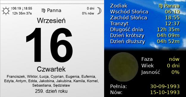 16 Września 1993 - Czwartek. Kartka z Kalendarza