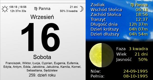 16 Września 1995 - Sobota. Kartka z Kalendarza