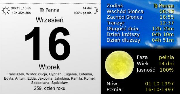 16 Września 1997 - Wtorek. Kartka z Kalendarza