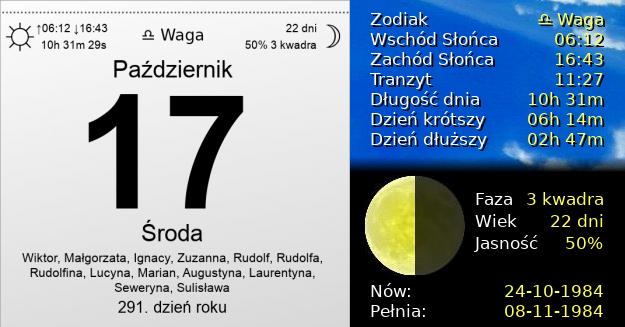 17 Października 1984 - Środa. Kartka z Kalendarza