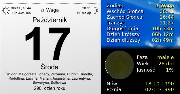17 Października 1990 - Środa. Kartka z Kalendarza