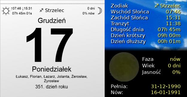 17 Grudnia 1990 - Poniedziałek. Kartka z Kalendarza