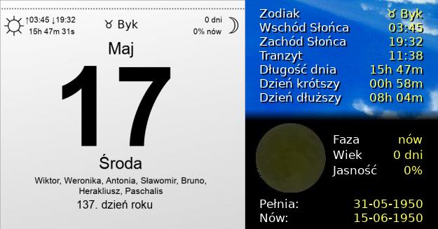 17 Maja 1950 - Środa. Kartka z Kalendarza