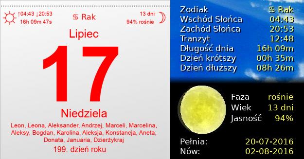 17 Lipca 2016 - Niedziela. Kartka z Kalendarza