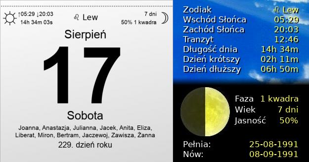17 Sierpnia 1991 - Sobota. Kartka z Kalendarza