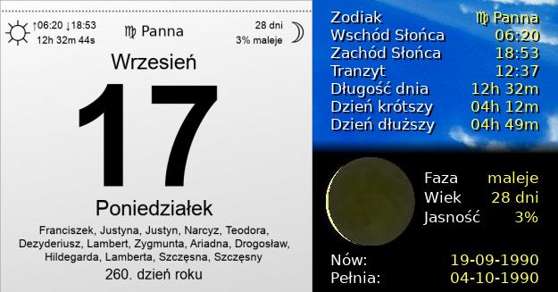 17 Września 1990 - Poniedziałek. Kartka z Kalendarza