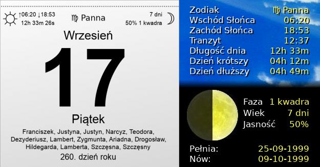 17 Września 1999 - Piątek. Kartka z Kalendarza