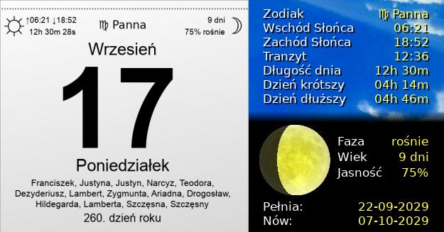 17 Września 2029 - Poniedziałek. Kartka z Kalendarza