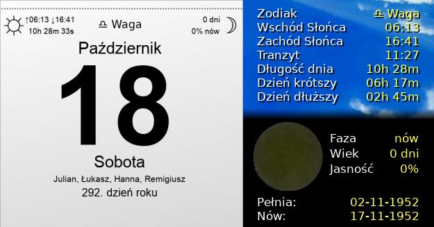 18 Października 1952 - Sobota. Kartka z Kalendarza