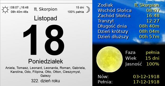 18 Listopada 1918 - Poniedziałek. Kartka z Kalendarza