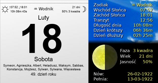 18 Lutego 1922 - Sobota. Kartka z Kalendarza