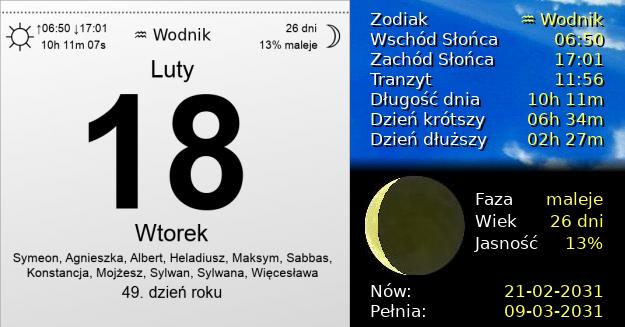 18 Lutego 2031 - Wtorek. Kartka z Kalendarza