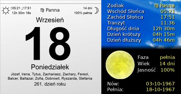 18 Września 1967 - Poniedziałek. Kartka z Kalendarza